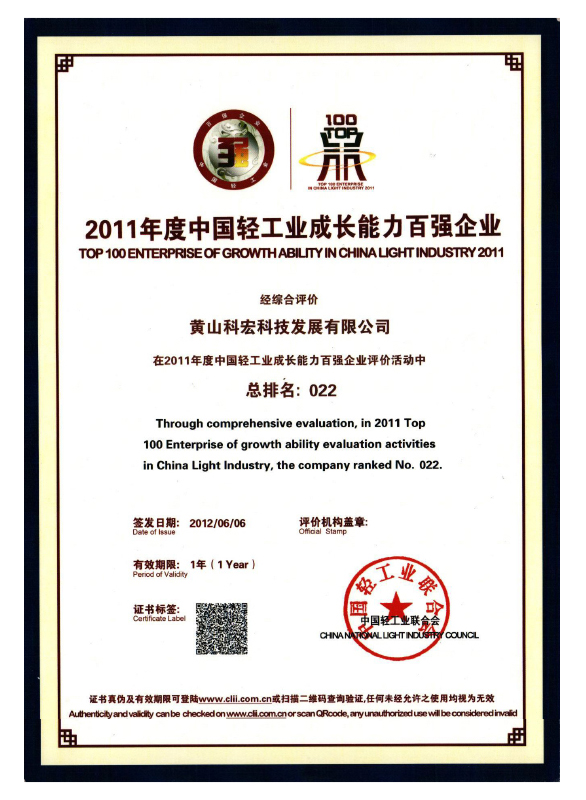Top 100 Light Industry Enterprise in China (Company Growth Capacity)